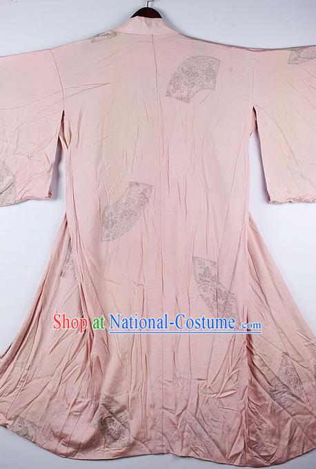 Japanese Traditional Ceremony Costume Printing Fan Pink Furisode Kimono Asian Japan National Yukata Dress for Women