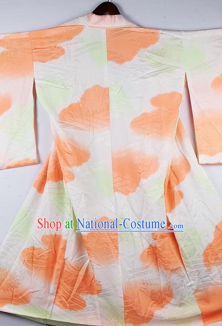 Japanese Traditional Ceremony Costume Orange Printing Furisode Kimono Asian Japan National Yukata Dress for Women