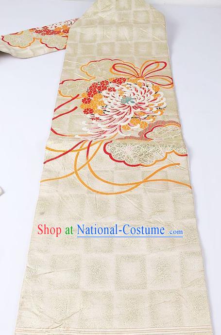 Japanese Kimono Classical Chrysanthemum Pattern Design Beige Brocade Belt Asian Japan Traditional National Yukata Waistband for Women