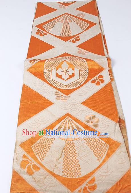 Japanese Kimono Classical Fan Pattern Design Orange Brocade Belt Asian Japan Traditional National Yukata Waistband for Women