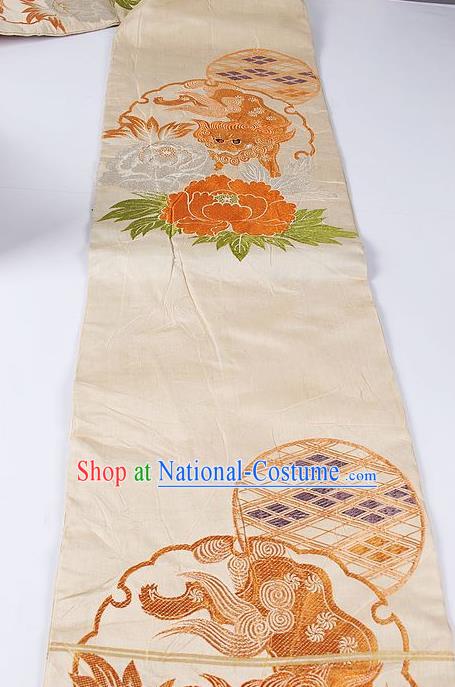 Japanese Kimono Classical Kylin Peony Pattern Design Beige Brocade Belt Asian Japan Traditional National Yukata Waistband for Women