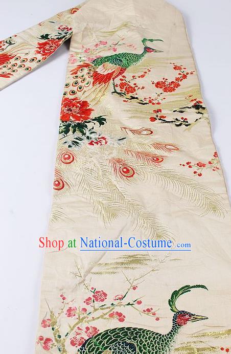 Japanese Ceremony Kimono Classical Peacock Plum Pattern Design Beige Brocade Belt Asian Japan Traditional Yukata Waistband for Women