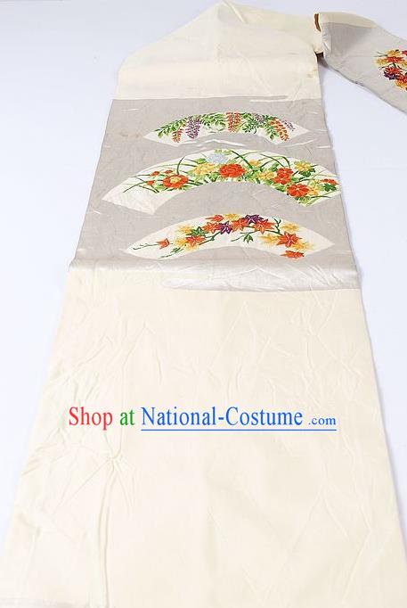 Japanese Kimono Classical Orchid Peony Pattern Design White Brocade Belt Asian Japan Traditional National Yukata Waistband for Women