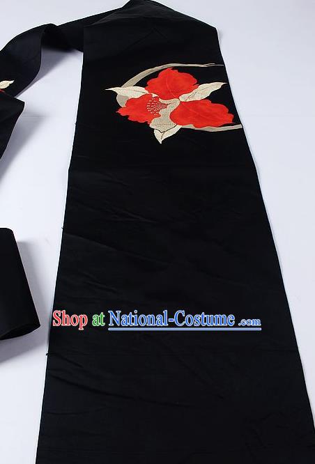 Japanese Ceremony Kimono Classical Red Leaf Pattern Design Black Brocade Belt Asian Japan Traditional Yukata Waistband for Women