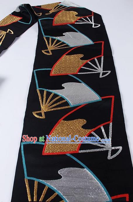 Japanese Ceremony Kimono Classical Fans Pattern Design Black Brocade Belt Asian Japan Traditional Yukata Waistband for Women