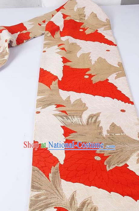 Japanese Ceremony Kimono Classical Red Chrysanthemum Pattern Design Brocade Belt Asian Japan Traditional Yukata Waistband for Women