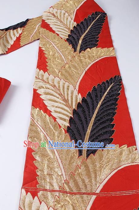 Japanese Kimono Classical Leaf Pattern Design Red Brocade Belt Asian Japan Traditional National Yukata Waistband for Women