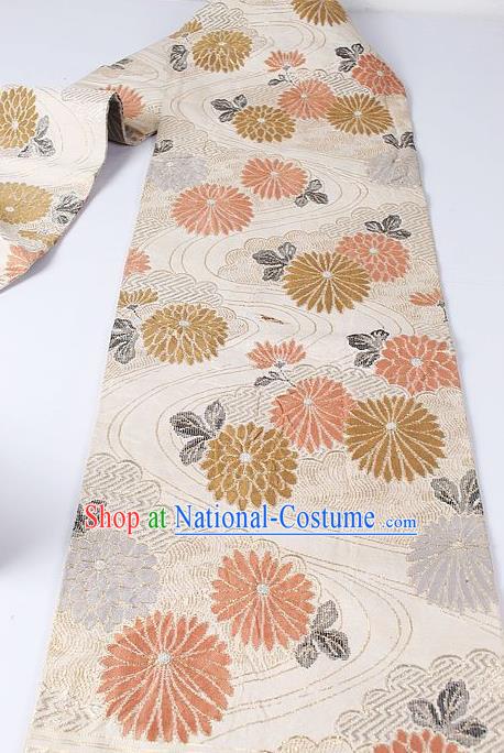 Japanese Kimono Classical Chrysanthemum Pattern Design Beige Brocade Belt Asian Japan Traditional National Yukata Waistband for Women