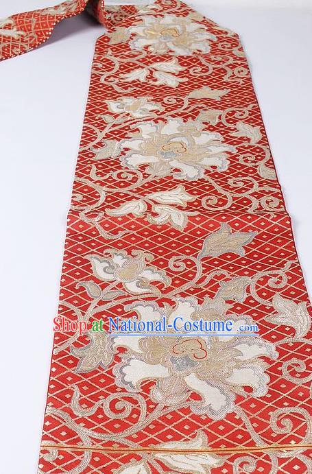 Japanese National Kimono Classical Rich Flowers Pattern Design Red Brocade Belt Asian Japan Traditional Yukata Waistband for Women