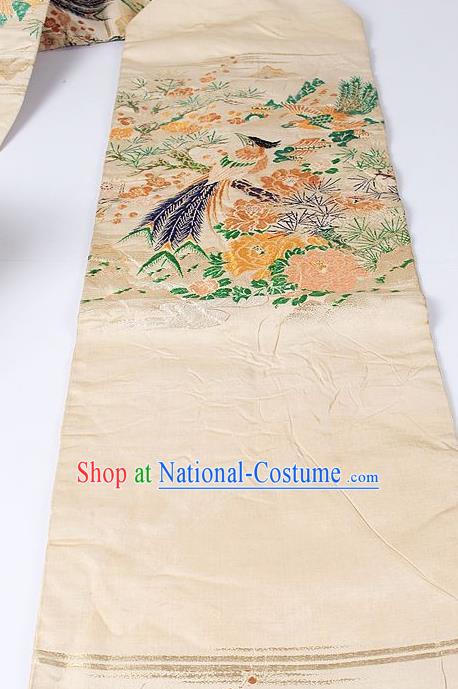 Japanese National Kimono Classical Peony Bird Pattern Design Beige Brocade Belt Asian Japan Traditional Yukata Waistband for Women