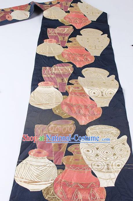 Japanese National Kimono Classical Vase Pattern Design Black Brocade Belt Asian Japan Traditional Yukata Waistband for Women