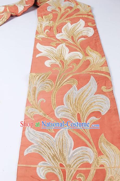 Japanese Kimono Classical Grass Pattern Design Orange Brocade Belt Asian Japan Traditional National Yukata Waistband for Women