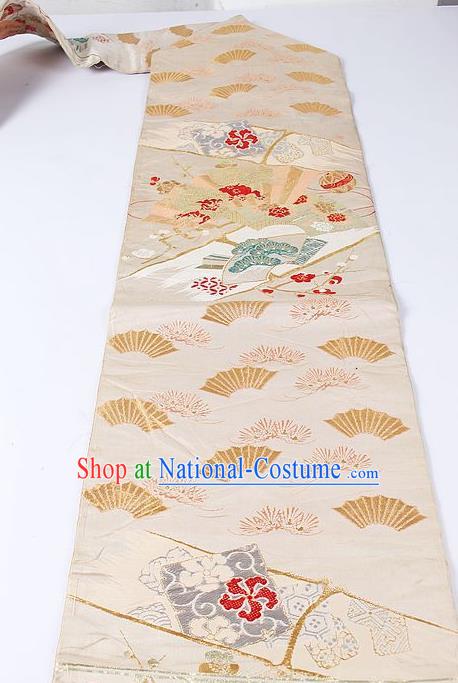 Japanese National Kimono Classical Pine Fan Pattern Design Beige Brocade Belt Asian Japan Traditional Yukata Waistband for Women