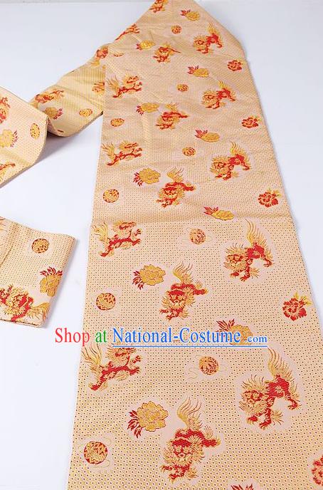 Japanese Kimono Classical Lions Pattern Design Champagne Brocade Belt Asian Japan Traditional National Yukata Waistband for Women