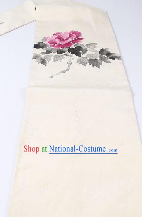 Japanese National Kimono Classical Peony Pattern Design White Brocade Belt Asian Japan Traditional Yukata Waistband for Women