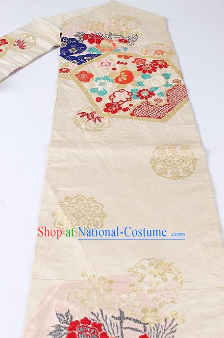 Japanese National Kimono Classical Bamboo Peony Pattern Design Beige Brocade Belt Asian Japan Traditional Yukata Waistband for Women