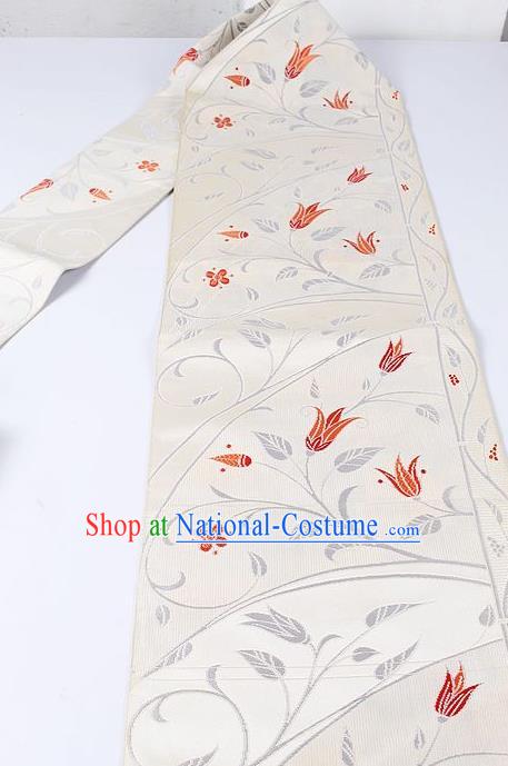 Japanese Ceremony Kimono Classical Pepper Flowers Pattern Design White Brocade Belt Asian Japan Traditional Yukata Waistband for Women