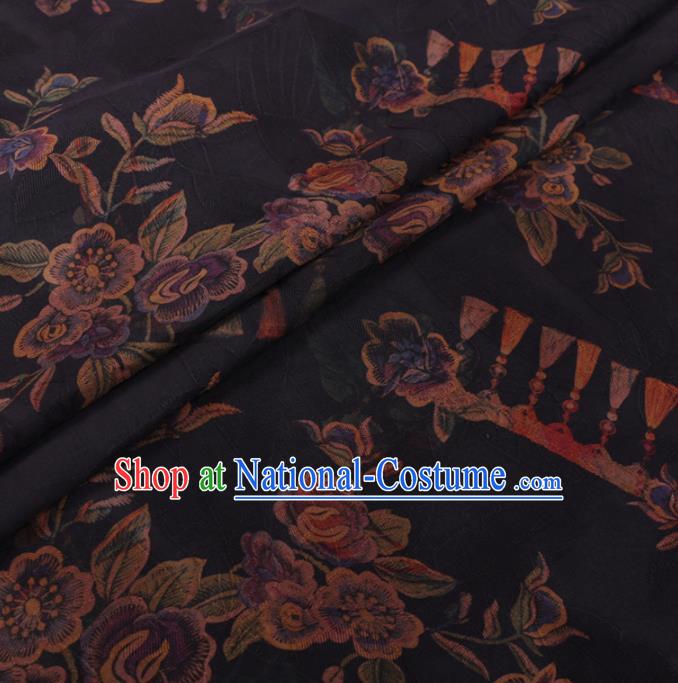 Traditional Chinese Classical Peach Flowers Pattern Design Navy Gambiered Guangdong Gauze Asian Brocade Silk Fabric