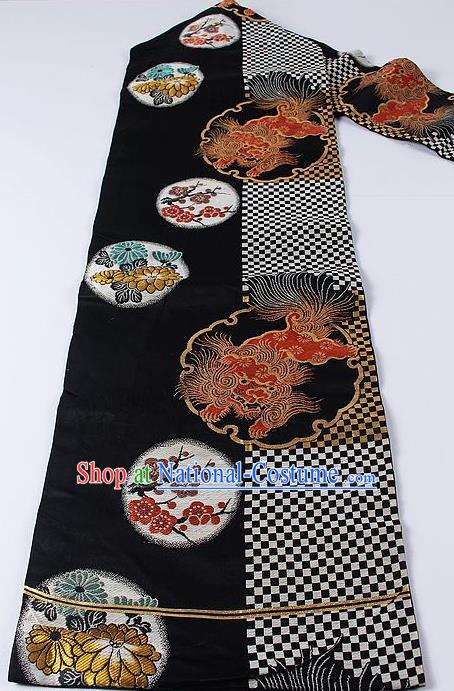 Japanese Kimono Accessories Classical Lion Plum Pattern Black Belt Asian Japan Traditional Ceremony Yukata Waistband for Women