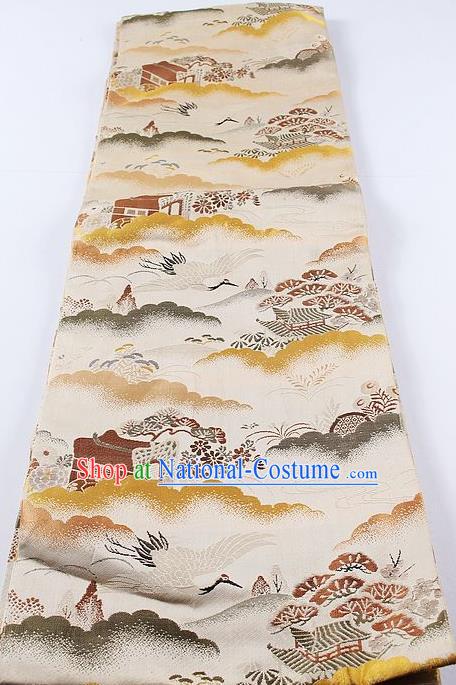 Japanese Kimono Accessories Classical Pine Crane Pattern White Belt Asian Japan Traditional Ceremony Yukata Waistband for Women