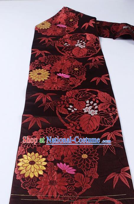 Japanese Kimono Accessories Classical Chrysanthemum Pattern Deep Brown Brocade Belt Asian Japan Traditional Ceremony Yukata Waistband for Women