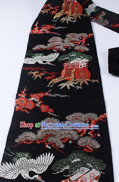 Japanese Kimono Accessories Classical Crane Pine Pattern Black Brocade Belt Asian Japan Traditional Ceremony Yukata Waistband for Women