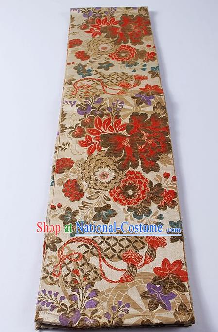 Japanese Traditional Yukata Accessories Classical Chrysanthemum Peony Pattern Beige Brocade Belt Asian Japan Kimono Waistband for Women