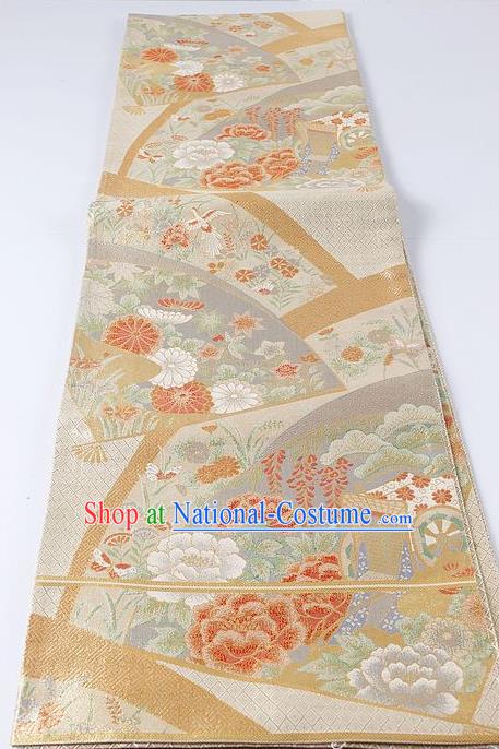 Japanese Kimono Accessories Classical Peony Pattern Light Golden Belt Asian Japan Traditional Ceremony Yukata Waistband for Women