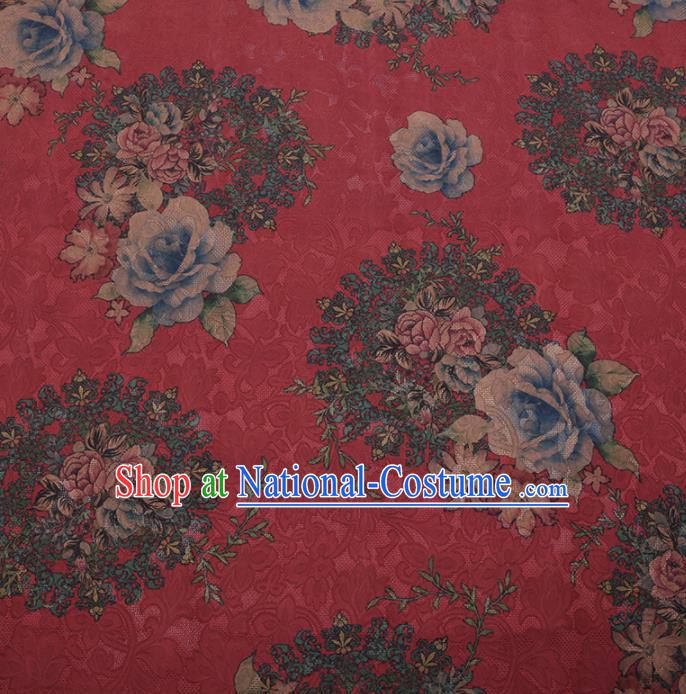 Traditional Chinese Classical Roses Pattern Design Red Gambiered Guangdong Gauze Asian Brocade Silk Fabric