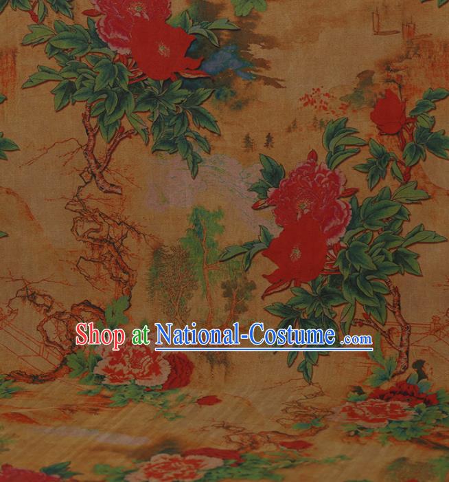 Traditional Chinese Classical Peony Pattern Design Yellow Gambiered Guangdong Gauze Asian Brocade Silk Fabric