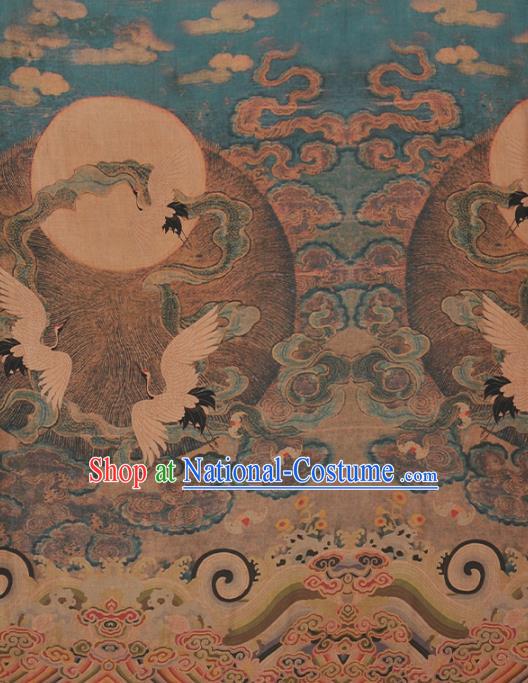 Chinese Traditional Classical Cranes Pattern Design Blue Gambiered Guangdong Gauze Asian Brocade Silk Fabric