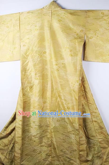 Asian Japanese National Printing Golden Furisode Kimono Ceremony Costume Traditional Japan Yukata Dress for Women