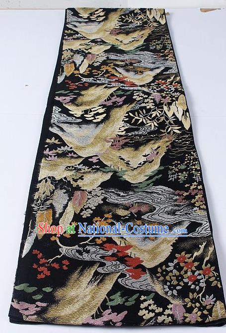 Asian Japanese Yukata Accessories Classical Maple Leaf Mount Pattern Black Brocade Belt Japan Traditional Kimono Waistband for Women