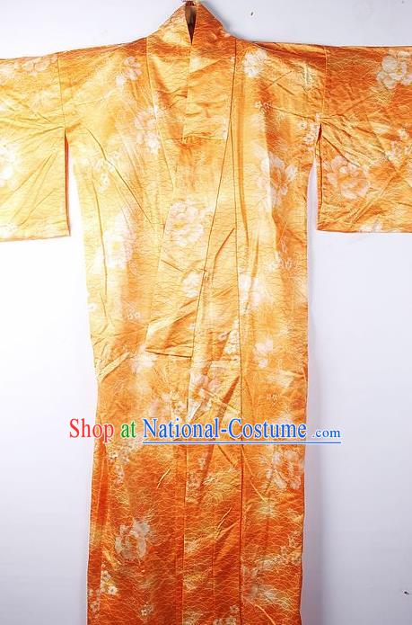 Asian Japanese Ceremony Clothing Classical Peony Pattern Orange Kimono Traditional Japan National Yukata Costume for Men