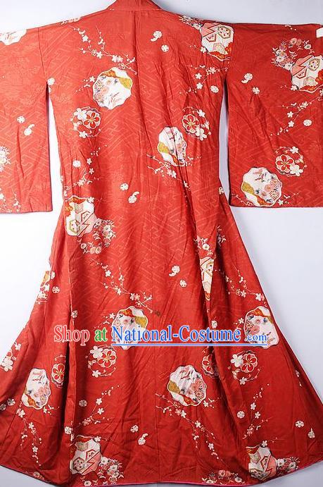 Asian Japanese National Printing Sakura Red Furisode Kimono Ceremony Costume Traditional Japan Yukata Dress for Women