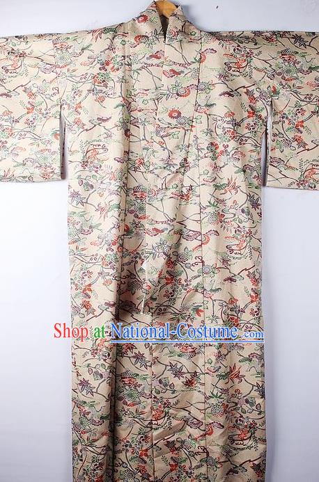 Asian Japanese National Printing Maple Leaf Khaki Furisode Kimono Ceremony Costume Traditional Japan Yukata Dress for Women