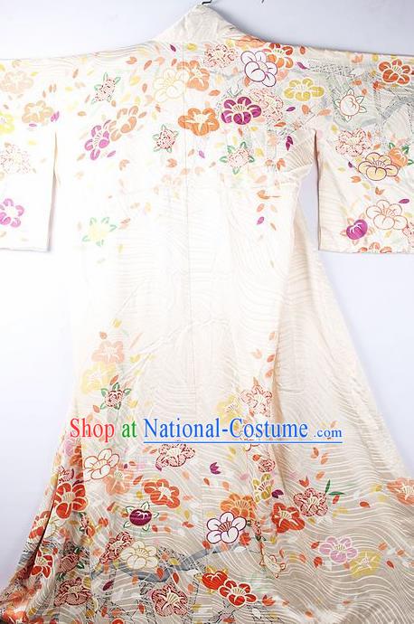 Asian Japanese National Printing Cherry Blossom White Furisode Kimono Ceremony Costume Traditional Japan Yukata Dress for Women