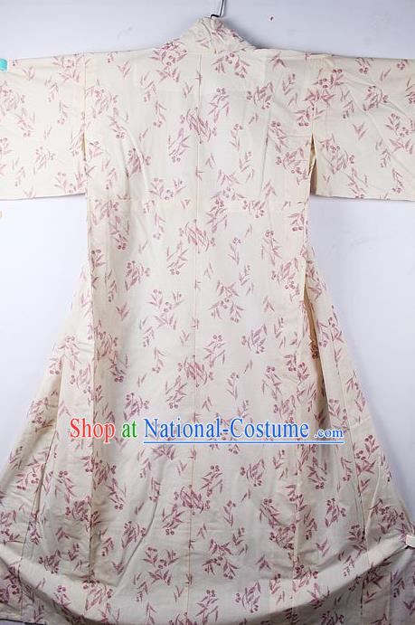 Asian Japanese Printing Bamboo Leaf Beige Furisode Kimono Ceremony Costume Traditional Japan Yukata Dress for Women