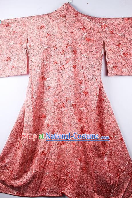 Asian Japanese Printing Butterfly Pink Furisode Kimono Ceremony Costume Traditional Japan Yukata Dress for Women