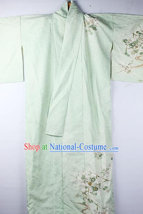 Asian Japanese National Iromuji Printing Green Furisode Kimono Ceremony Costume Traditional Japan Yukata Dress for Women