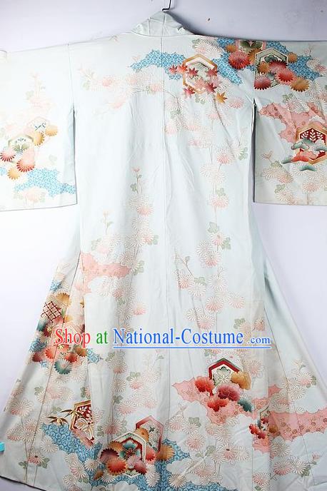 Asian Japanese National Iromuji Printing Daisy Light Blue Furisode Kimono Ceremony Costume Traditional Japan Yukata Dress for Women