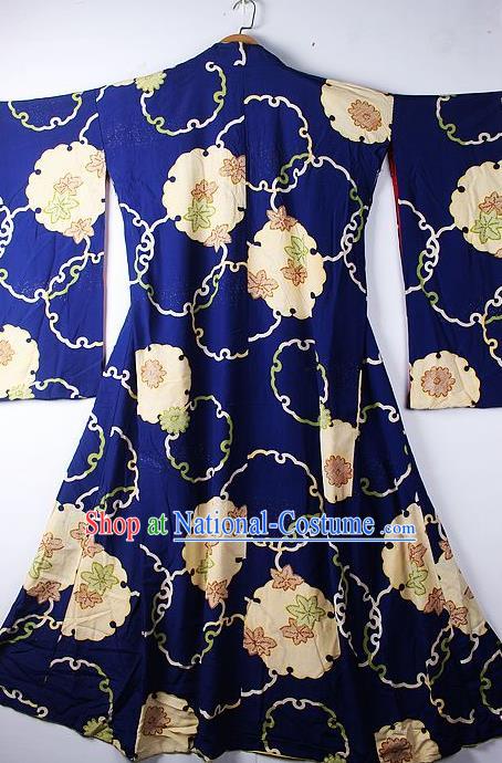 Asian Japanese Ceremony Clothing Classical Maple Leaf Pattern Royalblue Kimono Traditional Japan National Yukata Costume for Men