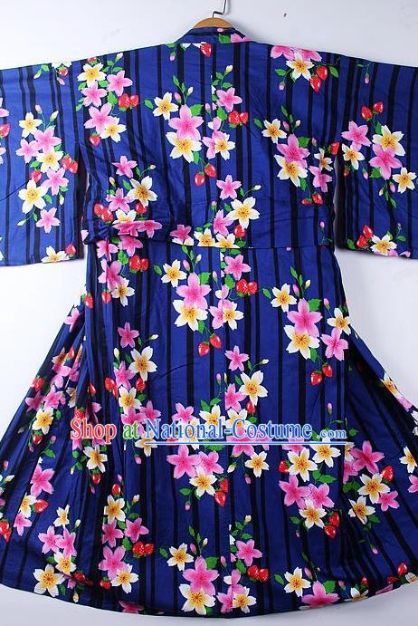 Asian Japanese Classical Sakura Pattern Deep Blue Furisode Kimono Ceremony Costume Traditional Japan Yukata Dress for Women