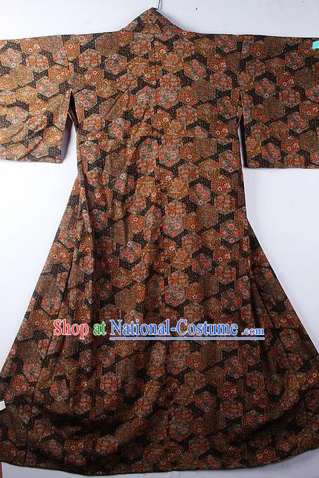 Asian Japanese Classical Pattern Brown Yukata Robe Traditional Japan Kimono Costume for Men