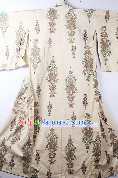 Asian Japanese Classical Pattern Beige Yukata Robe Traditional Japan Kimono Costume for Men