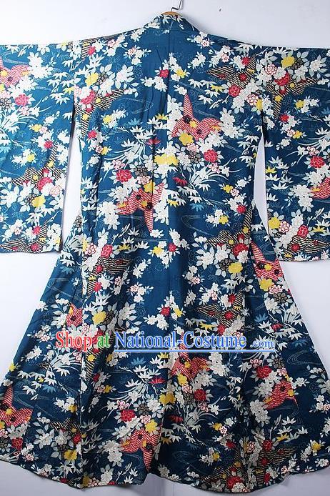 Asian Japanese Classical Sakura Pattern Peacock Blue Furisode Kimono Ceremony Costume Traditional Japan Yukata Dress for Women