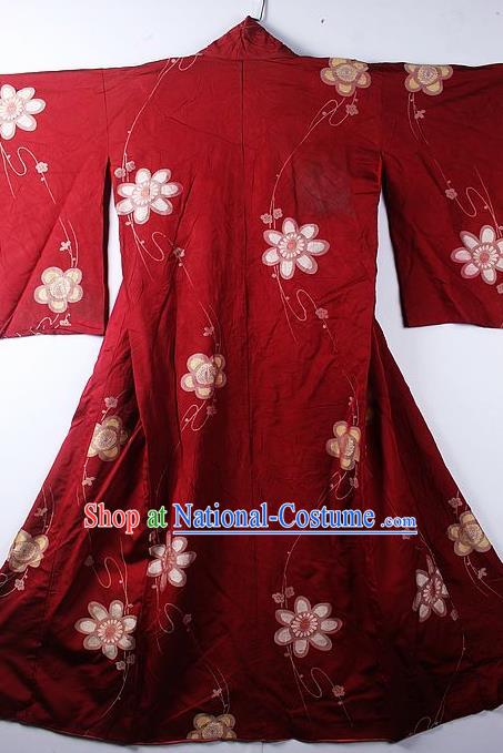 Asian Japanese Classical Sunflowers Pattern Red Furisode Kimono Ceremony Costume Traditional Japan Yukata Dress for Women