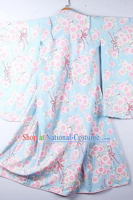 Asian Japanese Classical Sakura Pattern Light Blue Furisode Kimono Ceremony Costume Traditional Japan Yukata Dress for Women