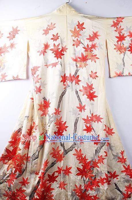 Asian Japanese National Iromuji Printing Red Maple Leaf Furisode Kimono Ceremony Costume Traditional Japan Yukata Dress for Women