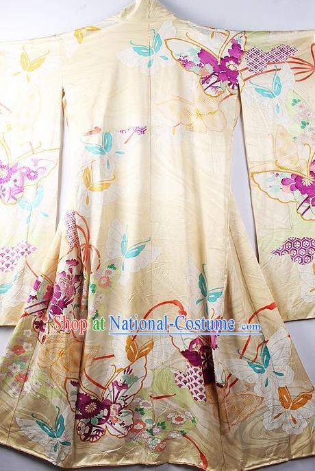 Asian Japanese Printing Butterfly Yellow Iromuji Furisode Kimono Ceremony Costume Traditional Japan Yukata Dress for Women